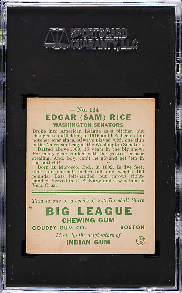 1933 R319 Goudey #134 Sam Rice SGC EX 5