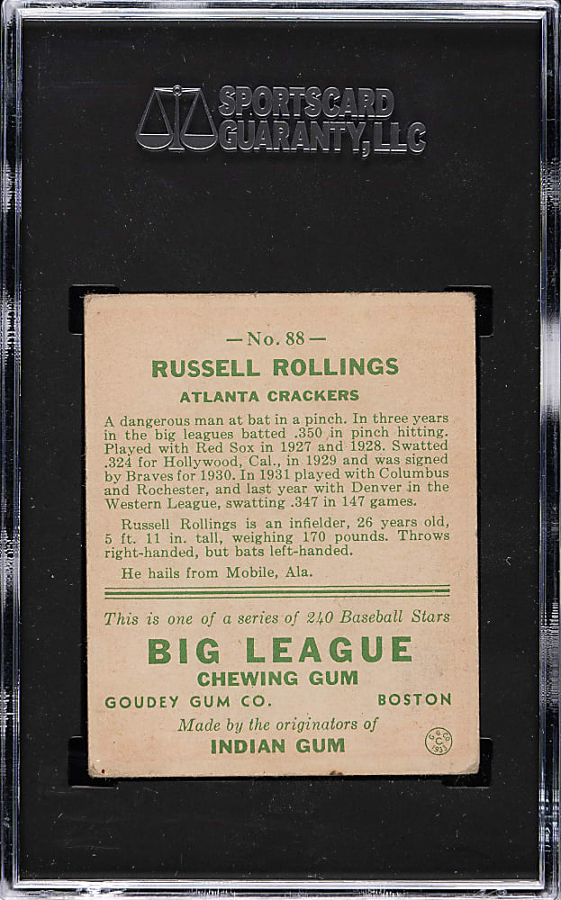 1933 R319 Goudey #88 Russell Rollings SGC EX 5
