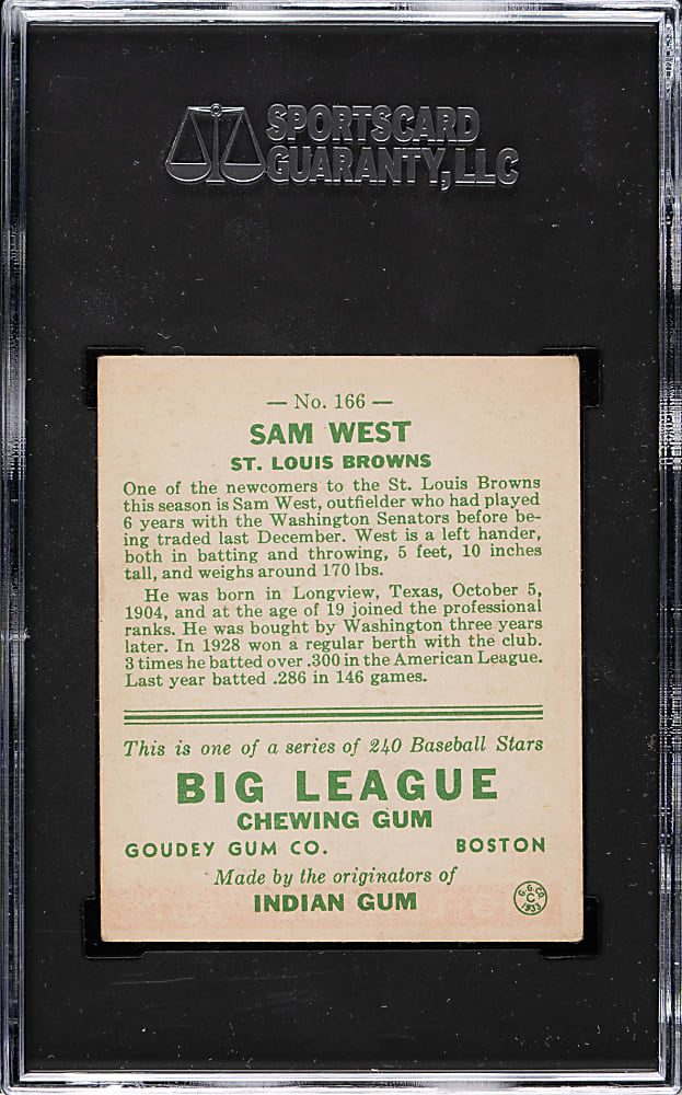 1933 R319 Goudey #166 Sam West SGC EX 5