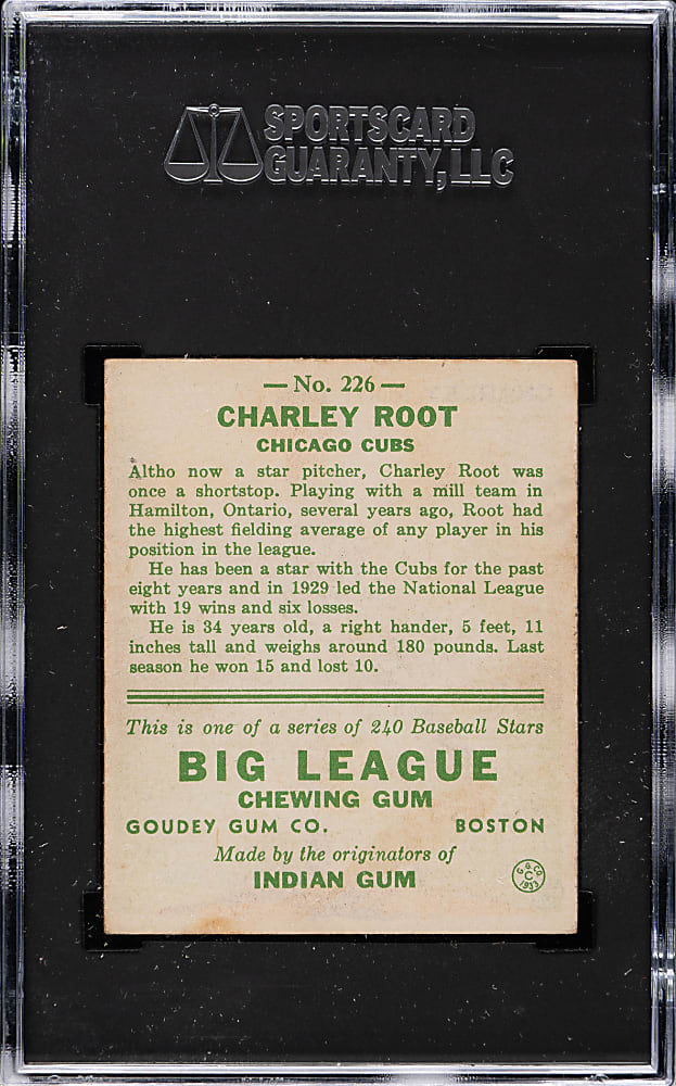 1933 R319 Goudey #226 Charley Root SGC EX 5
