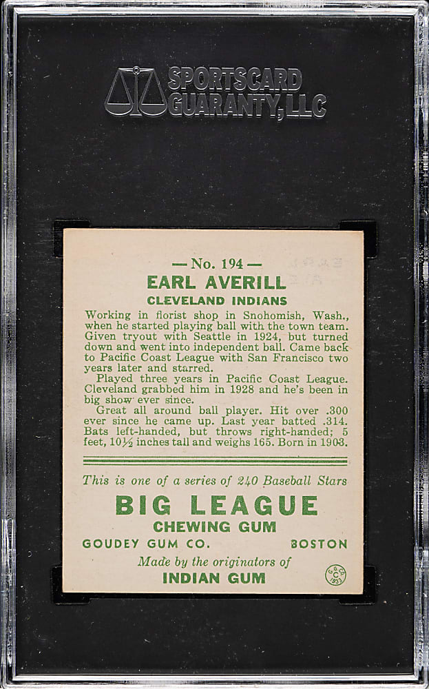 1933 R319 Goudey #194 Earl Averill SGC EX 5