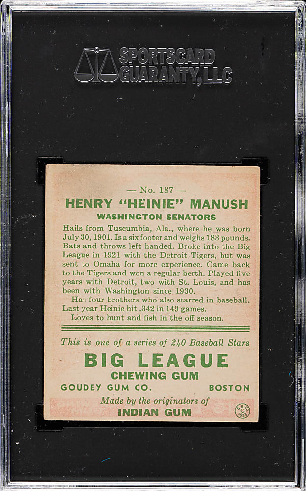 1933 R319 Goudey #187 Heinie Manush SGC EX 5