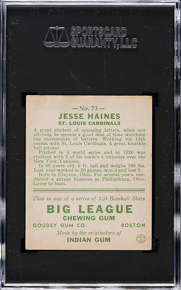 1933 R319 Goudey #73 Jesse Haines SGC EX 5