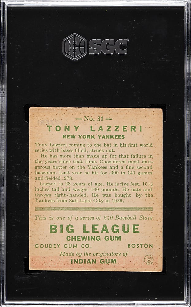 1933 R319 Goudey #31 Tony Lazzeri SGC EX 5