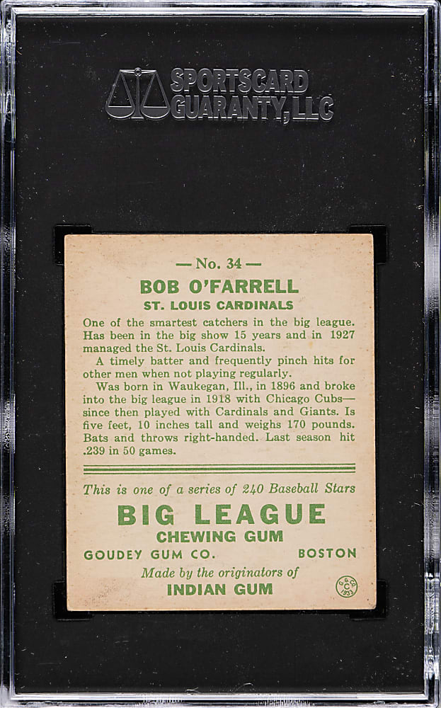 1933 R319 Goudey #34 Bob O'Farrell SGC EX 5