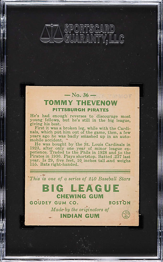 1933 R319 Goudey #36 Tommy Thevenow SGC EX 5
