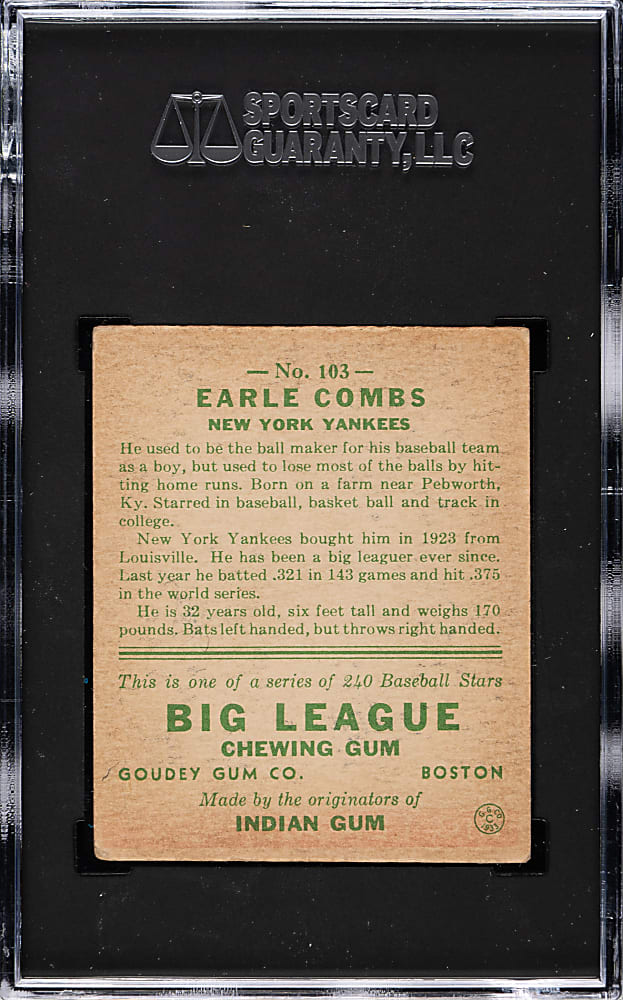 1933 R319 Goudey #103 Earle Combs SGC EX 5