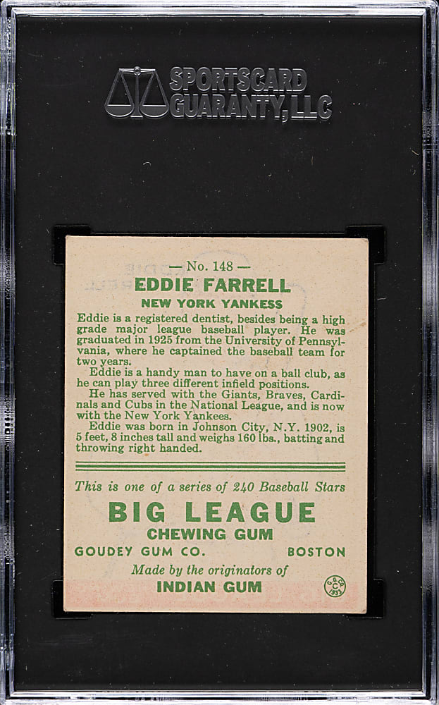 1933 R319 Goudey #148 Eddie Farrell SGC EX 5