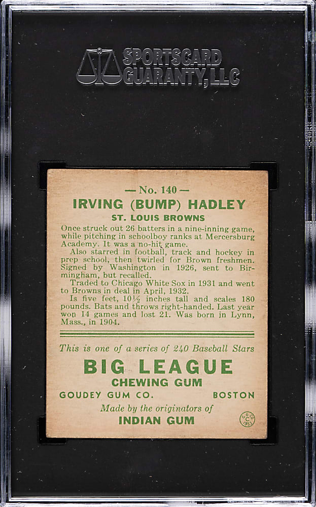1933 R319 Goudey #140 Bump Hadley SGC EX 5