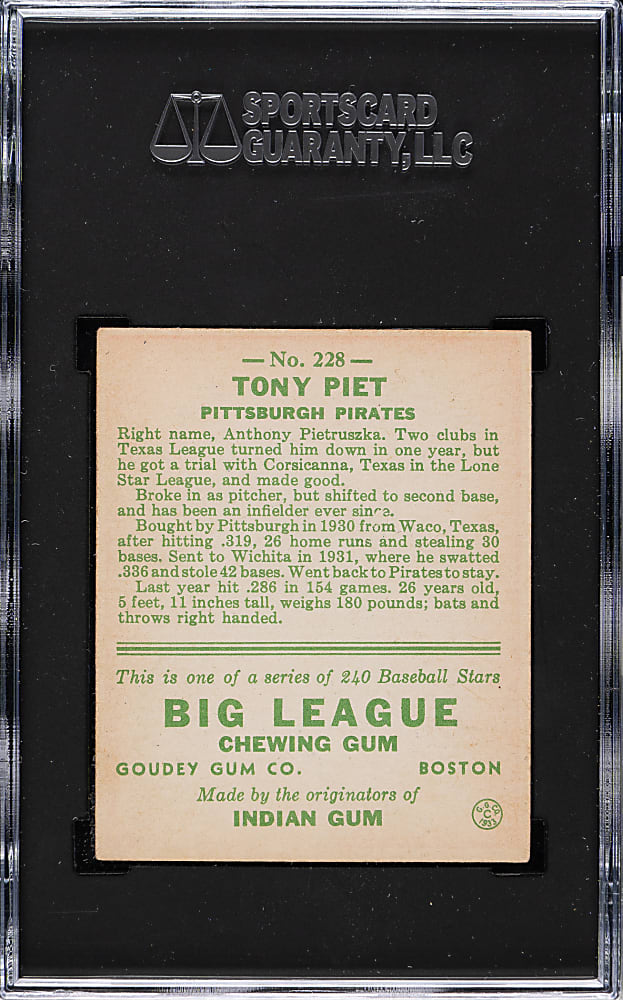 1933 R319 Goudey #228 Tony Piet SGC EX 5