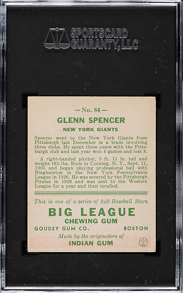 1933 R319 Goudey #84 Glenn Spencer SGC EX 5