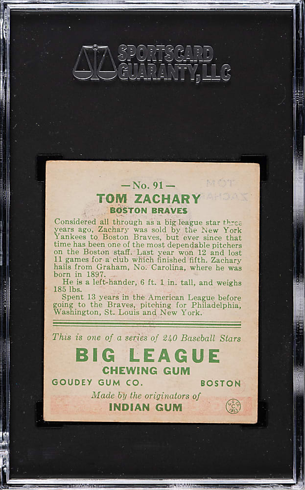 1933 R319 Goudey #91 Tom Zachary SGC EX 5