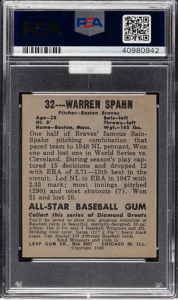 1948-1949 Leaf #32 Warren Spahn Rookie PSA NM-MT 8 (MBA Gold Diamond)