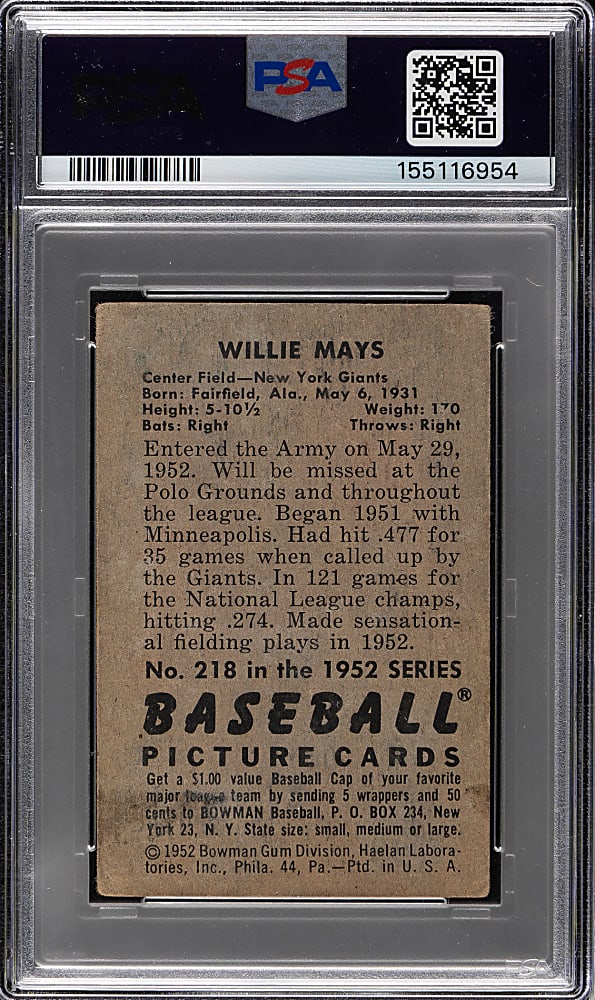 1952 Bowman #218 Willie Mays PSA FAIR 1.5