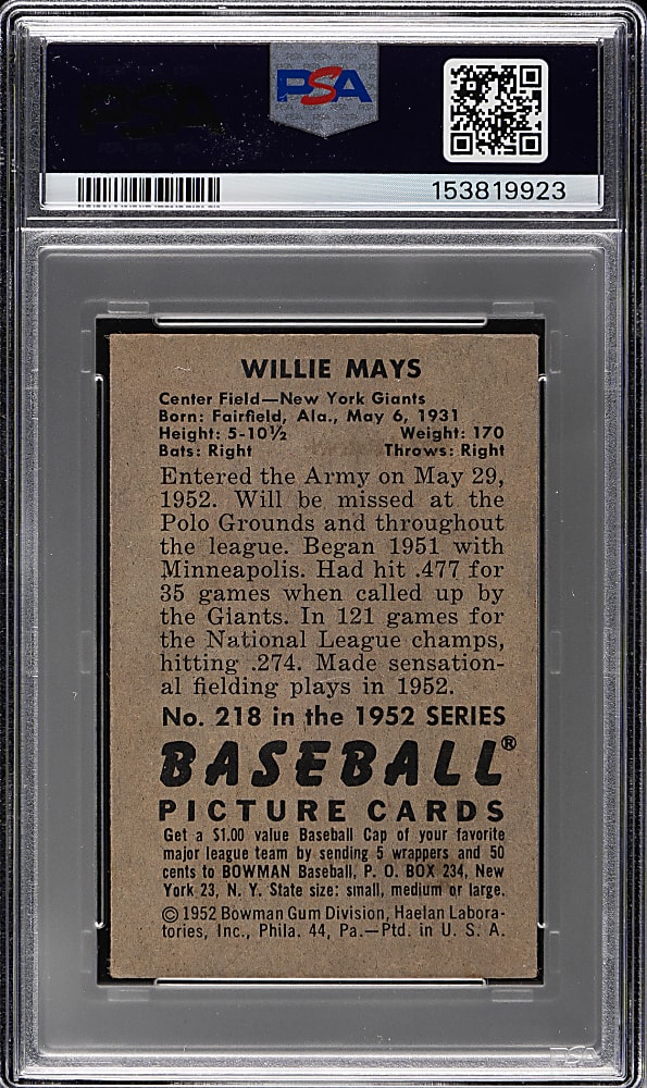 1952 Bowman #218 Willie Mays PSA VG-EX 4 (MC)