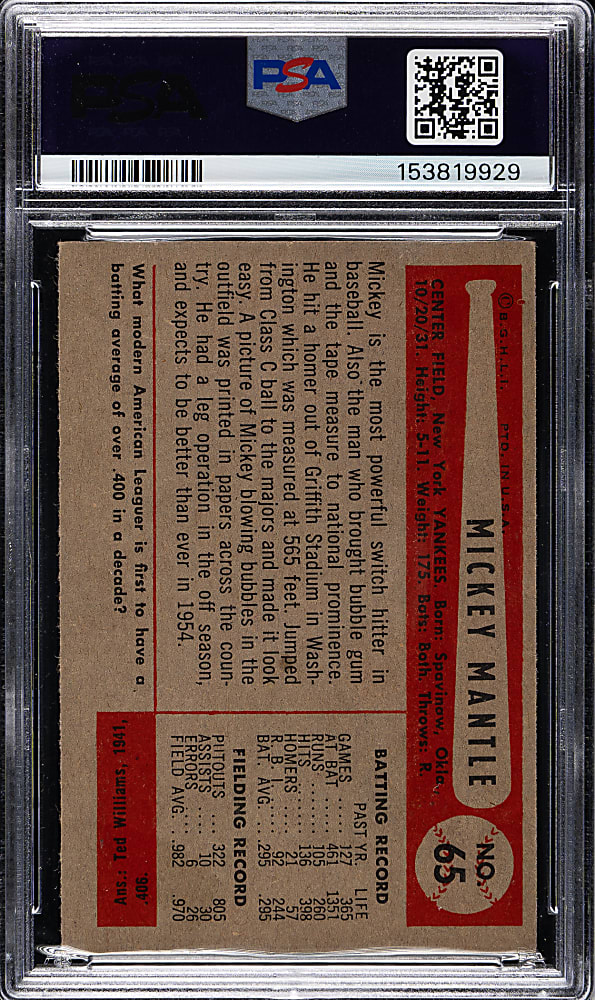 1954 Bowman #65 Mickey Mantle PSA VG 3