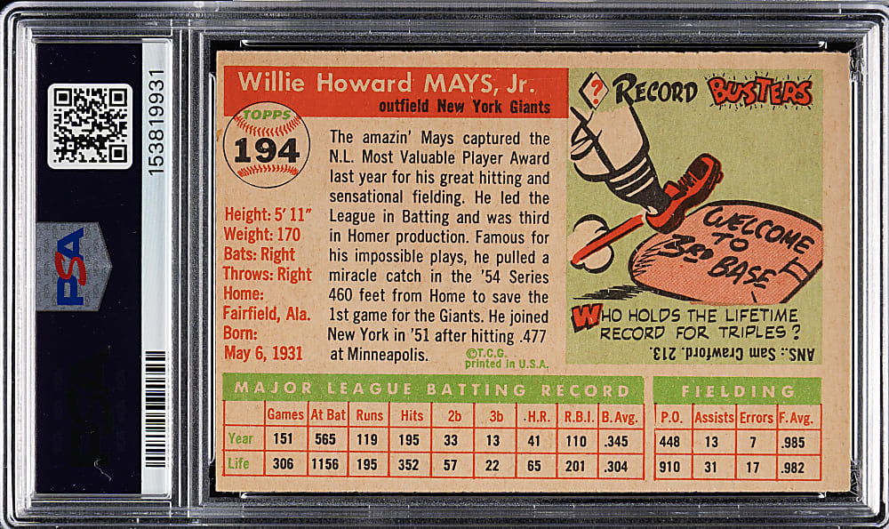 1955 Topps #194 Willie Mays PSA EX 5