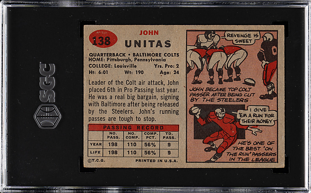 1957 Topps Football #138 Johnny Unitas Rookie SGC VG+ 3.5