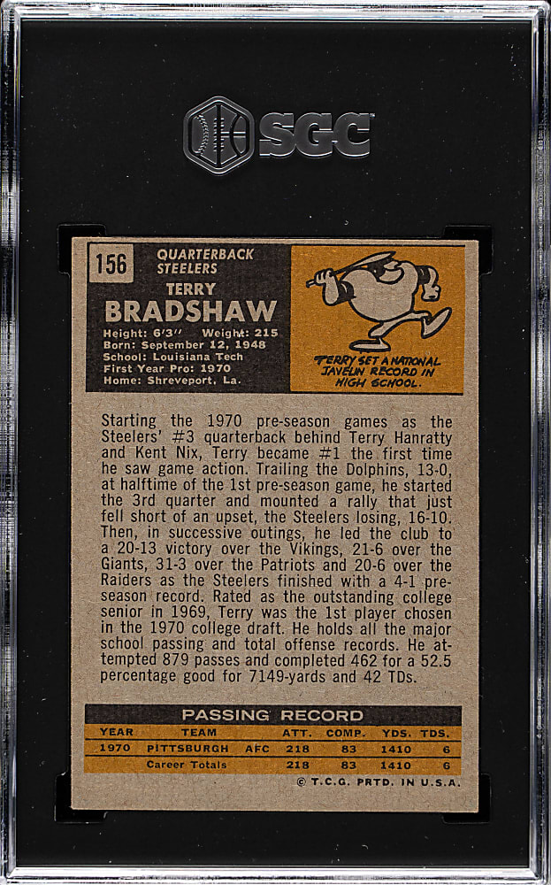 1971 Topps Football #156 Terry Bradshaw Rookie SGC EX/NM+ 6.5