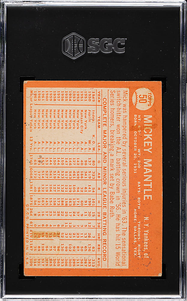 1964 Topps #50 Mickey Mantle SGC FAIR 1.5