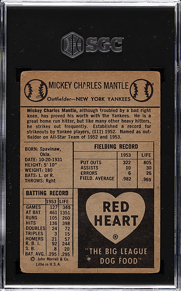 1954 Red Heart Dog Food Mickey Mantle SGC Authentic