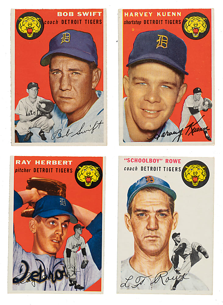 1954 Topps Detroit Tigers Collection (4): Bob Swift, Ray Herbert, Schoolboy Rowe, and Harvey Kuenn Rookie
