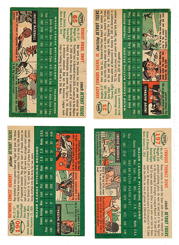 1954 Topps Detroit Tigers Collection (4): Bob Swift, Ray Herbert, Schoolboy Rowe, and Harvey Kuenn Rookie