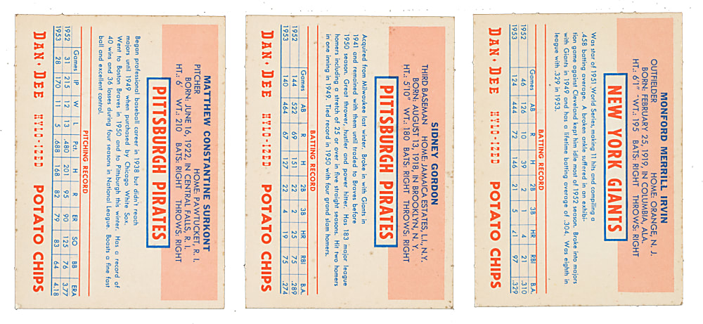 1954 Dan-Dee Potato Chips Trio: Monte Irvin, Sid Gordon, and Max Surkont