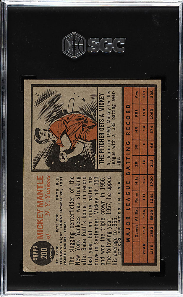 1962 Topps #200 Mickey Mantle SGC VG+ 3.5
