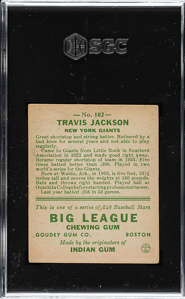 1933 R319 Goudey #102 Travis C. Jackson SGC VG/EX+ 4.5