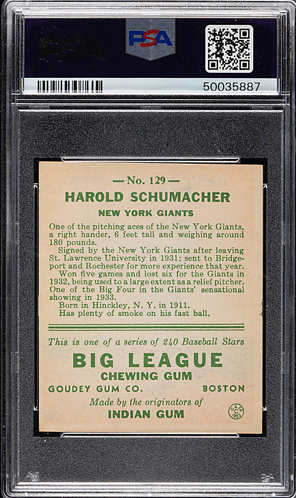 1933 R319 Goudey #129 Harold Schumacher PSA EX-MT 6