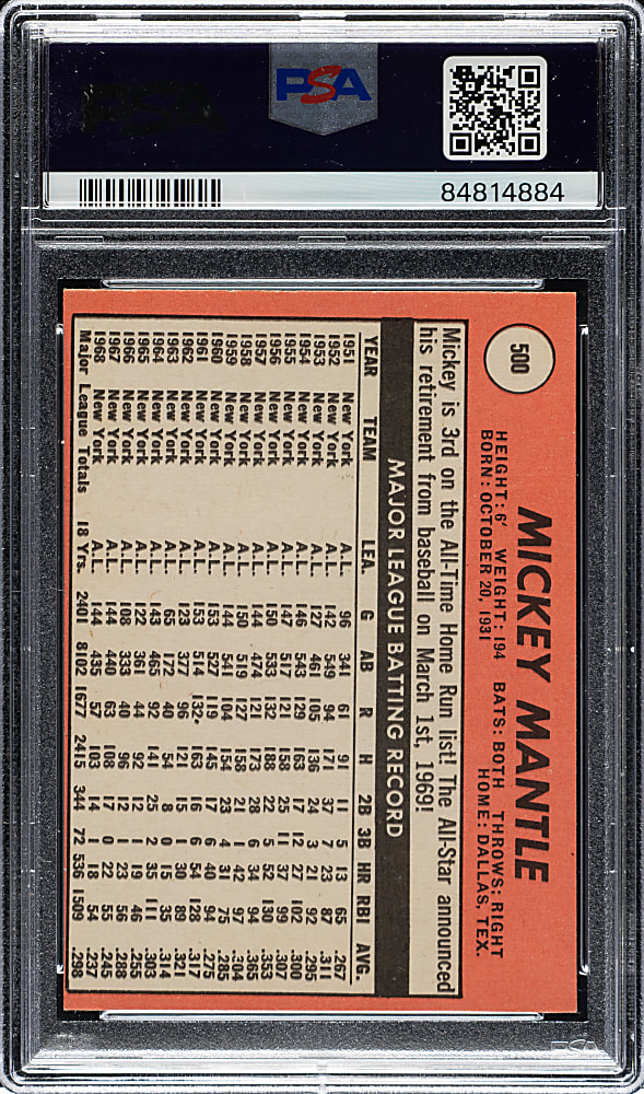 1969 Topps #500 Mickey Mantle PSA NM-MT 8 (OC)