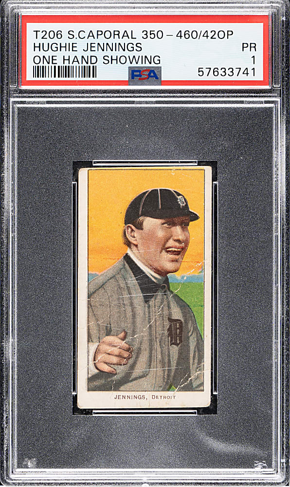1909-1911 T206 White Border Hughie Jennings One Hand Showing PSA POOR 1