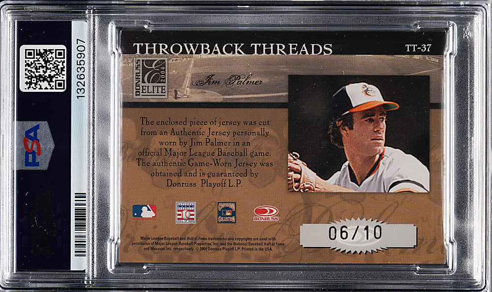 Signed 2004 Donruss Elite Throwback Threads #TT-37 Jim Palmer #6/10 PSA/DNA GEM MINT 10