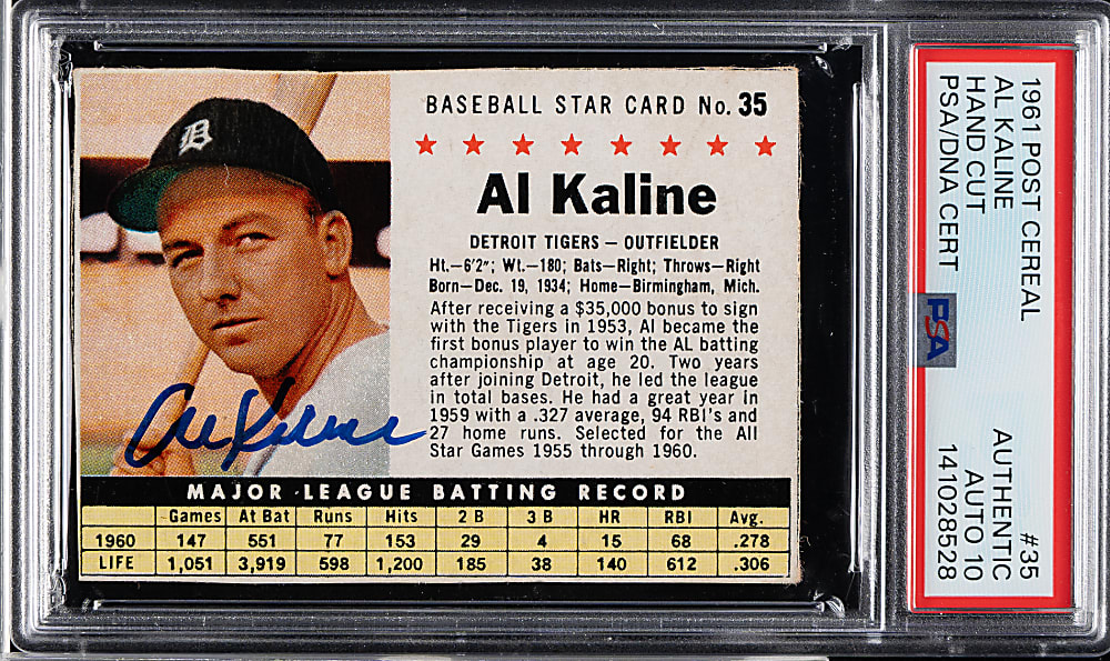 Signed 1961 Post Cereal #35 Al Kaline PSA/DNA GEM MINT 10