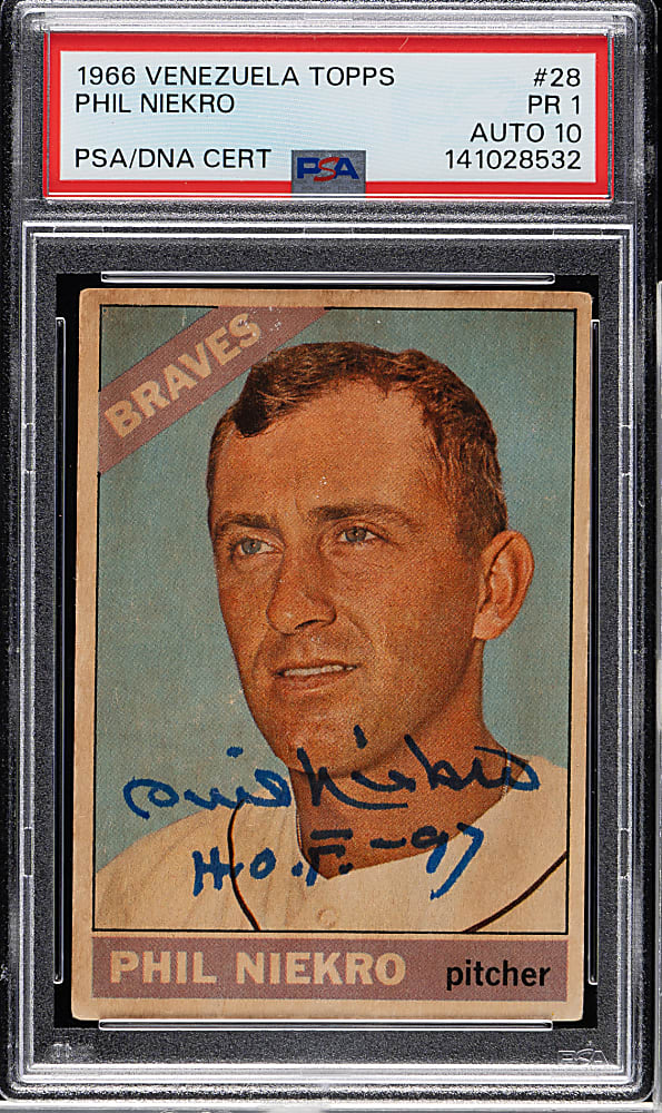 Signed 1966 Topps Venezuelan #28 Phil Niekro PSA POOR 1 with GEM MINT 10 Signature