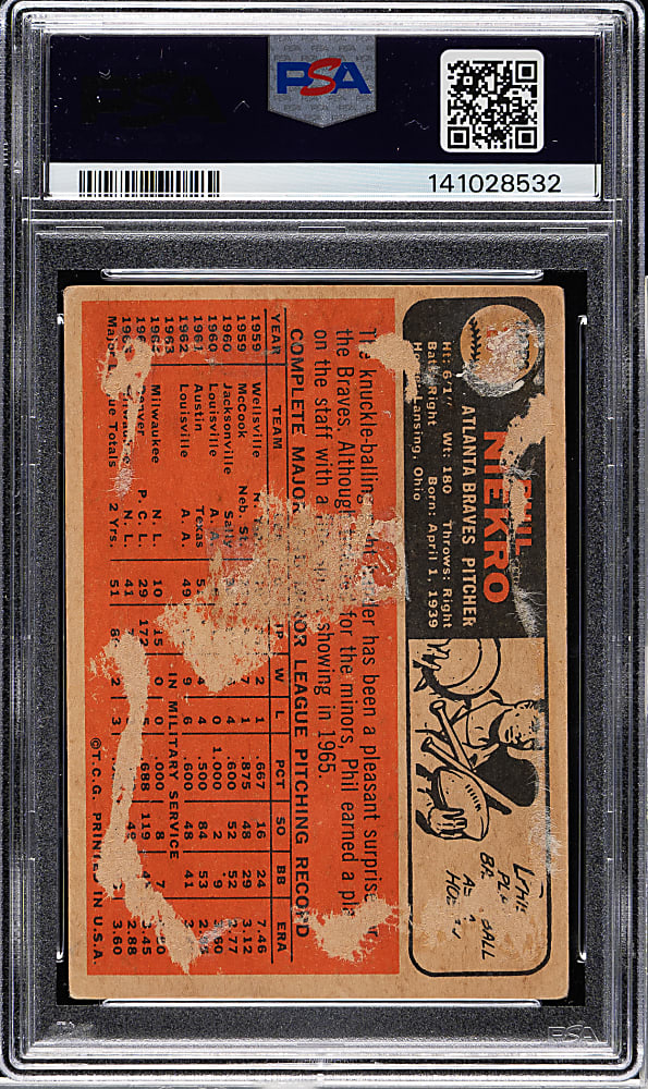 Signed 1966 Topps Venezuelan #28 Phil Niekro PSA POOR 1 with GEM MINT 10 Signature