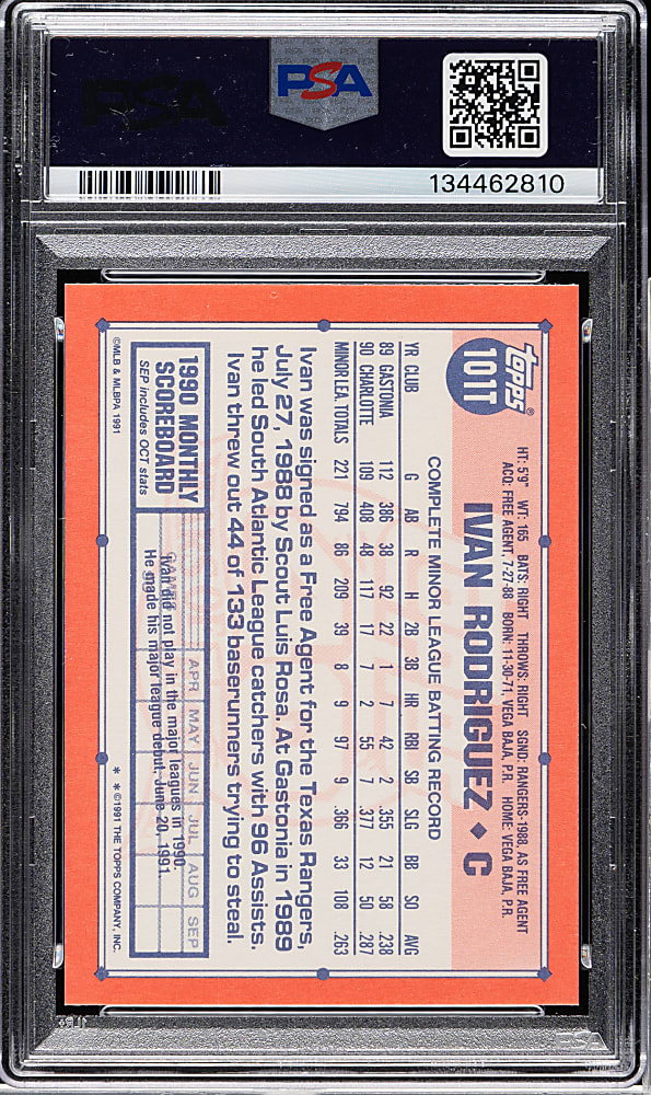 Signed 1991 Topps Traded Tiffany #101T Ivan Rodriguez Rookie PSA NM-MT 8 with MINT 9 Signature