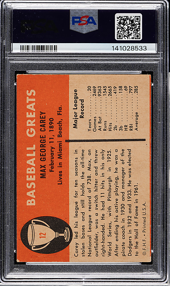 Signed 1961 Fleer All-Time Greats #12 Max Carey PSA VG-EX 4 with EX-MT 6 Signature