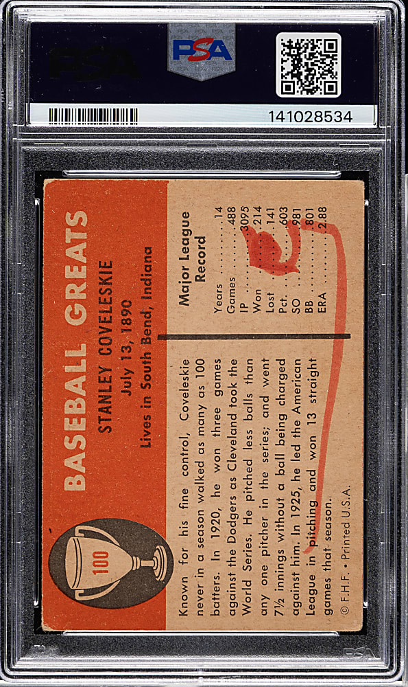 Signed 1961 Fleer All-Time Greats #100 Stan Coveleski PSA VG 3 (MK) with NM-MT 8 Signature