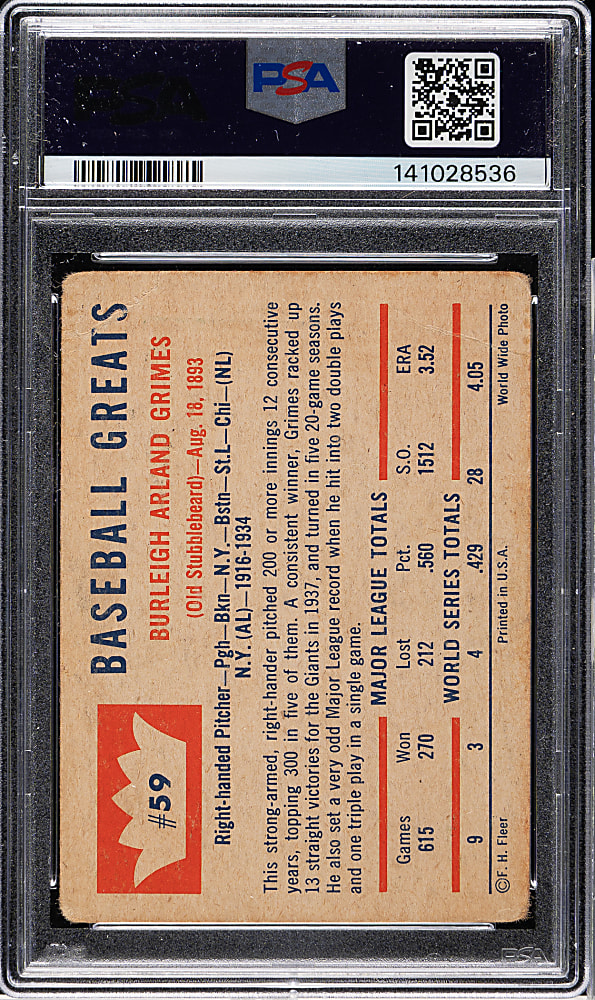 Signed 1960 Fleer All-Time Greats #59 Burleigh Grimes PSA POOR 1 with MINT 9 Signature