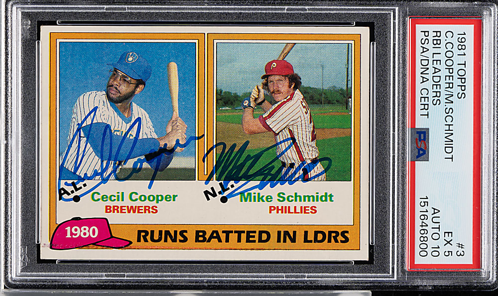 Signed 1981 Topps #3 RBI Leaders with Cecil Cooper and Mike Schmidt PSA EX 5 with GEM MINT 10 Signatures