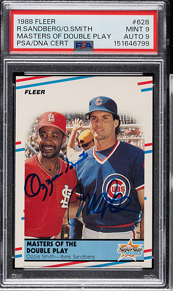 Signed 1988 Fleer #628 Masters of Double Play with Ozzie Smith and Ryne Sandberg PSA MINT 9 with MINT 9 Signatures