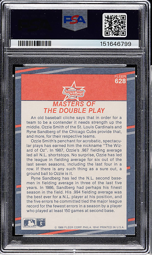 Signed 1988 Fleer #628 Masters of Double Play with Ozzie Smith and Ryne Sandberg PSA MINT 9 with MINT 9 Signatures