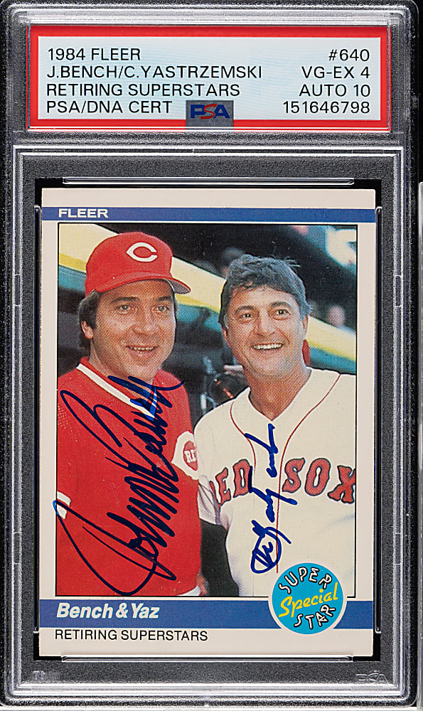Signed 1984 Fleer #640 Retiring Superstars with Johnny Bench and Carl Yastrzemski PSA VG-EX 4 with GEM MINT 10 Signatures