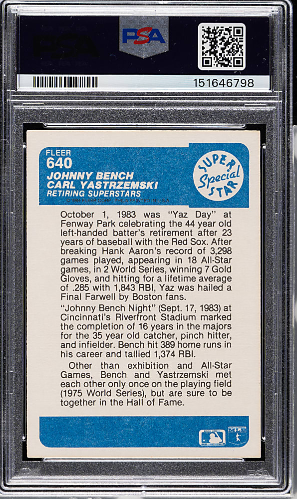 Signed 1984 Fleer #640 Retiring Superstars with Johnny Bench and Carl Yastrzemski PSA VG-EX 4 with GEM MINT 10 Signatures