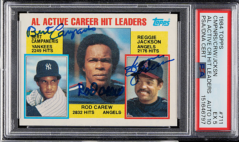 Signed 1984 Topps #711 Bert Campaneris/Rod Carew/Reggie Jackson PSA EX 5 with GEM MINT 10 Signatures