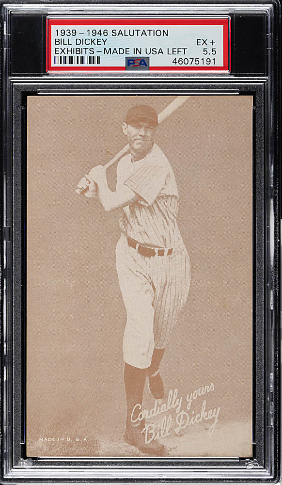 1939-1946 W462 Salutation Exhibits Bill Dickey Made In USA Left Corner PSA EX+ 5.5