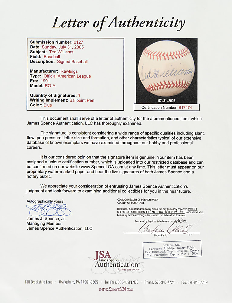 Ted Williams Single-Signed Baseball - JSA