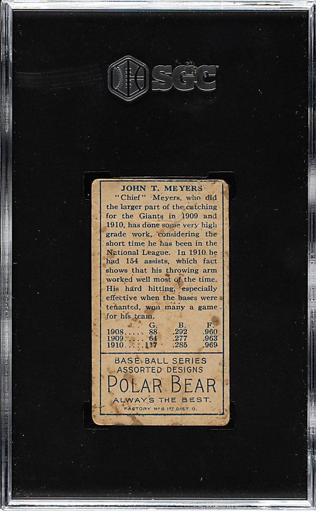 1911 T205 Gold Border Chief Meyers SGC POOR 1 - Polar Bear Back